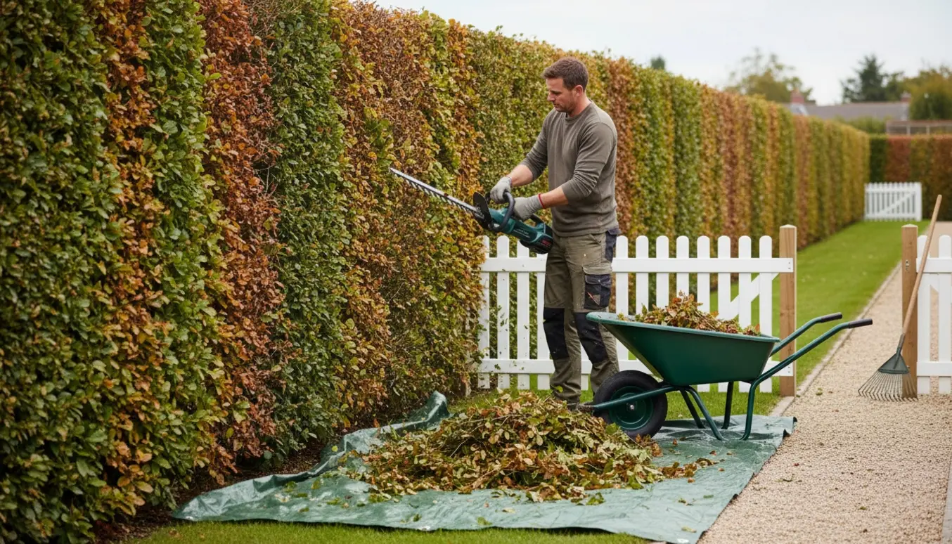 En person klipper en bøgehæk på cirka 1,7 m højde, mens friske afklip samles i en trillebør.