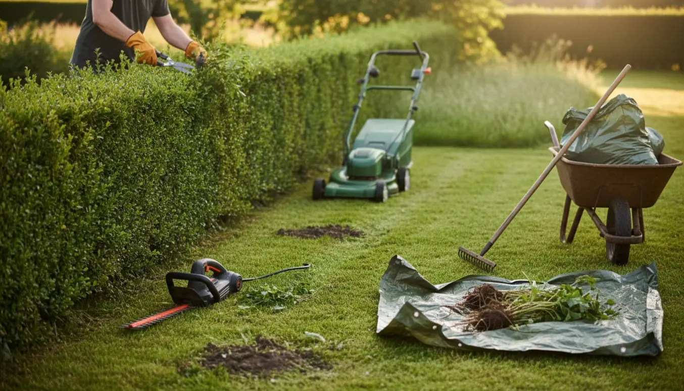 Have i Tinglev med klippet hæk, ukrudt og en person bagfra der slår lang græsplæne.