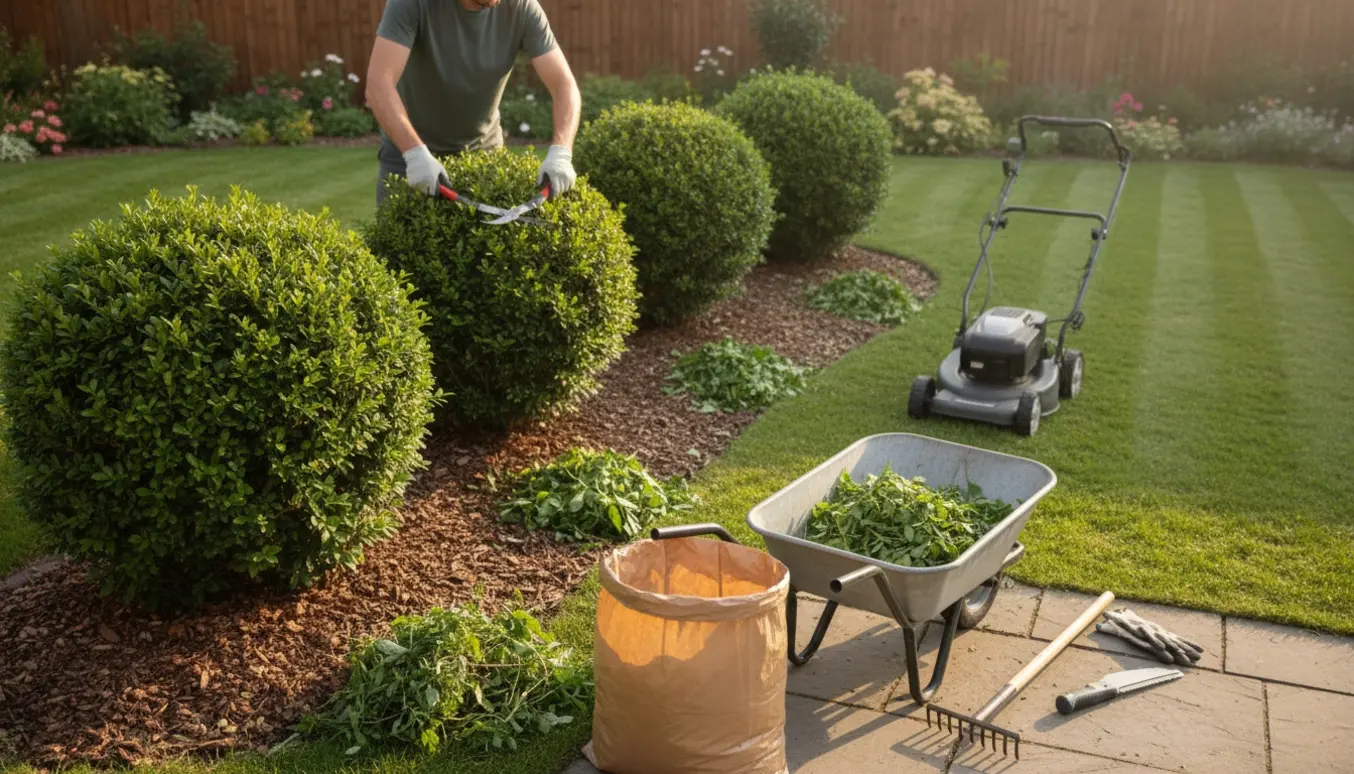 Fire buske trimmes i en soloplyst villahave med plæneklipper og en trillebør fyldt med grønt affald.
