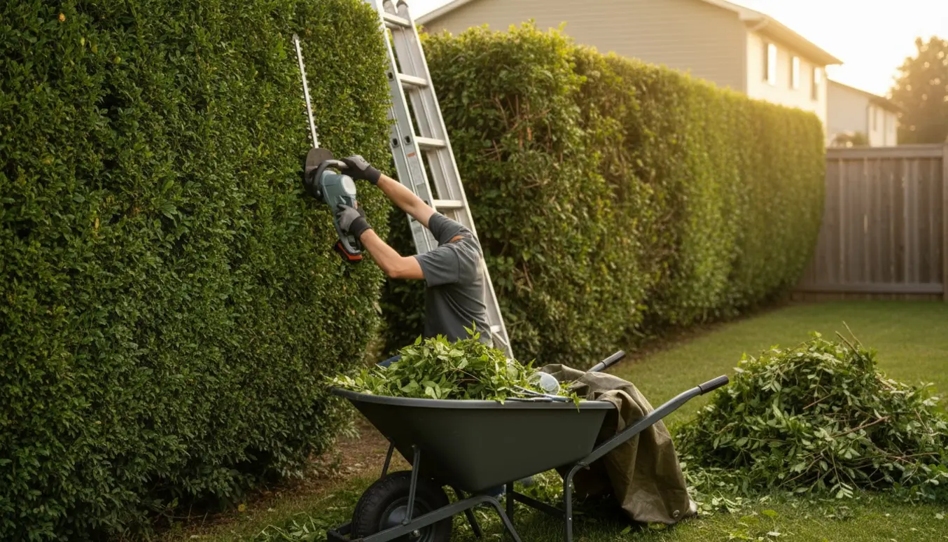 Hækkeklipning i forstadshave med hækkeklipper, stige og bunke af friske afklip.