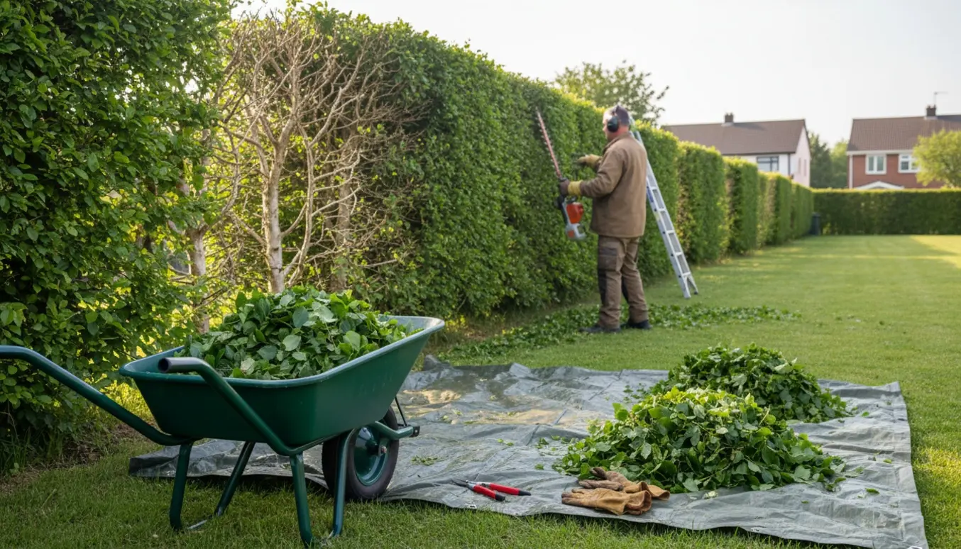 Lang bøgehæk bliver klippet set bagfra med hækkeklipper, klippeaffald og værktøj på græsset.