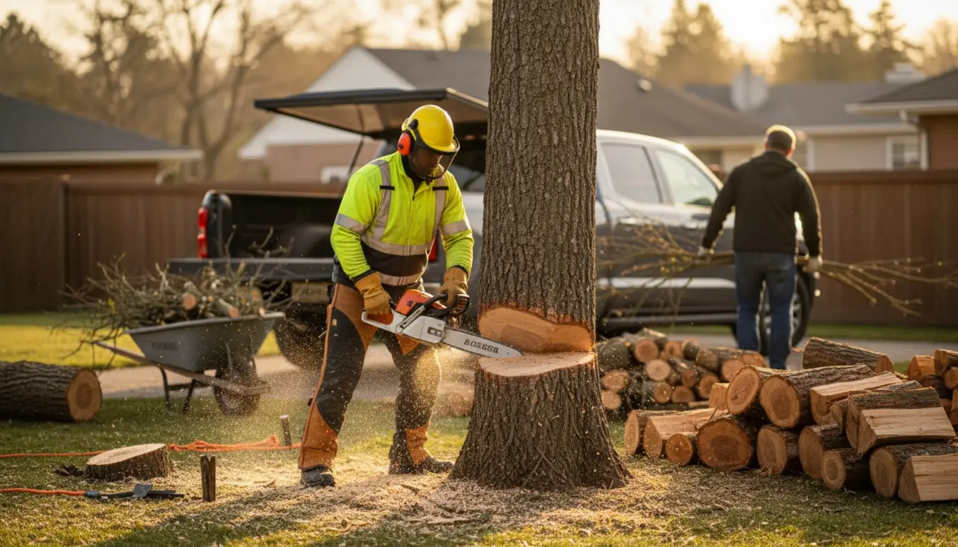 En professionel skærer en træstamme i stykker med motorsav, omgivet af stablede brædder og en lastbil med grene i haven.
