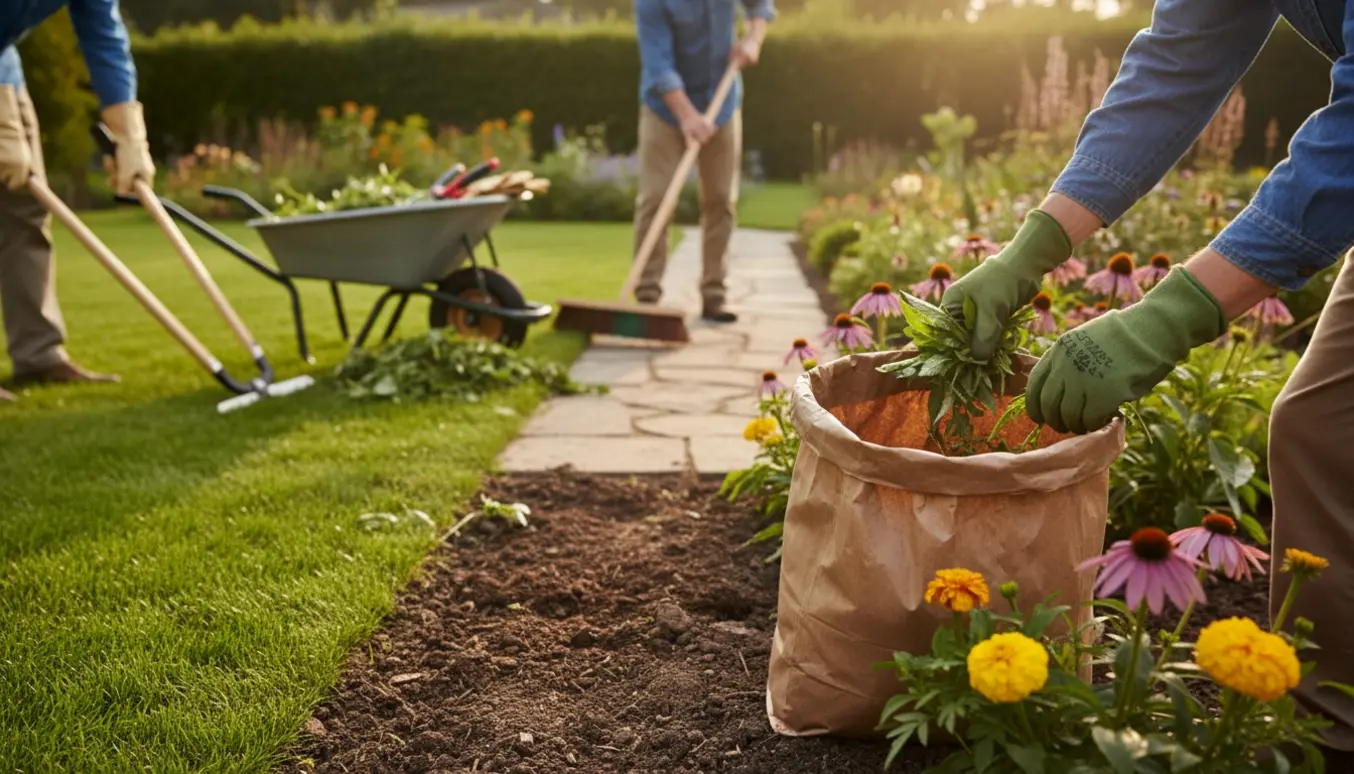 Hænder i handsker fejer, fjerner ukrudt og skærer græskanter i en solrig baghave.