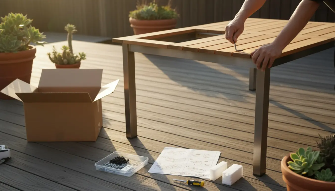 Delvist samlet rektangulært havebord på terrasse med værktøj og hænder, der strammer en bolt.