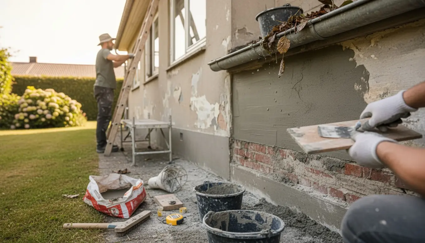 Nærbillede af hænder, der reparerer sokkelpuds på en ældre husfacade mens tagrenden renses i baggrunden.