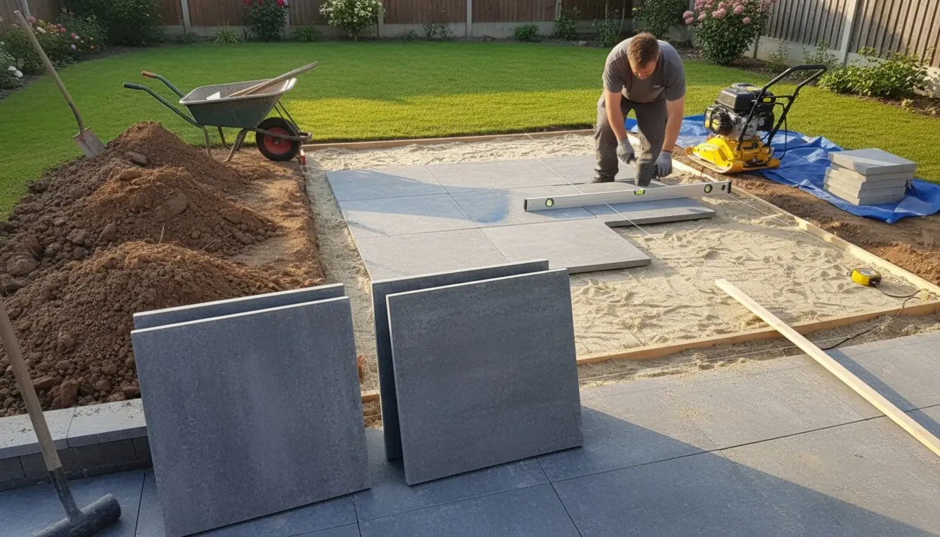 Forberedelse af en skrånende bagterrasse med udgravet lerjord, trillebør, værktøj og store fliser klar til lægning.