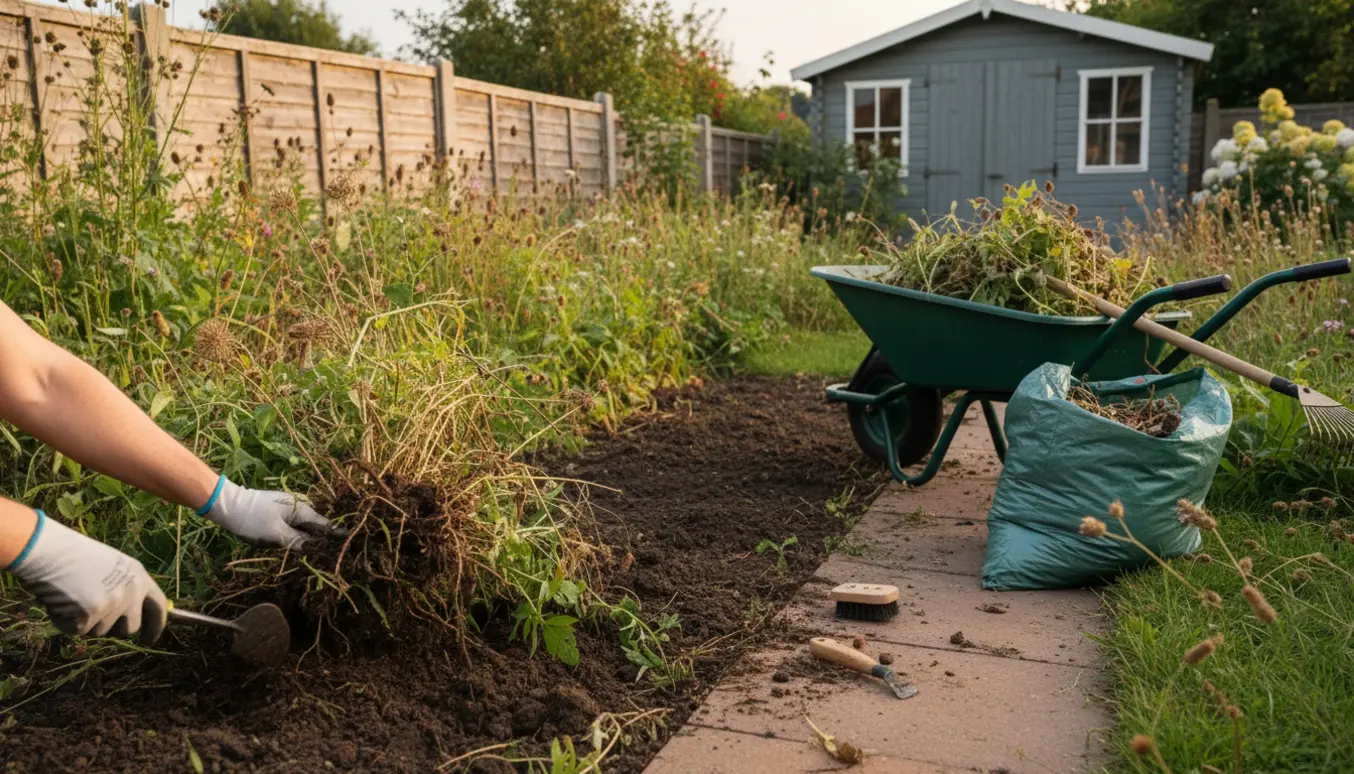 Nærbillede af handsker og haveredskaber, der trækker tætte ukrudtsklumper op fra et overgroet bed med trillebør fyldt med ukrudt i baggrunden.