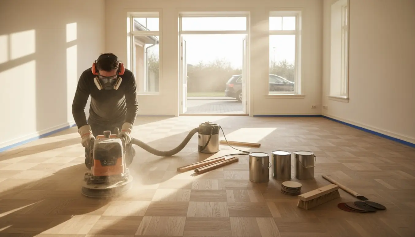 Tæt foto af en gulvsliber i færd med at slibe et tomt parketgulv i stueetagen med lakspande og dørtrin i baggrunden.