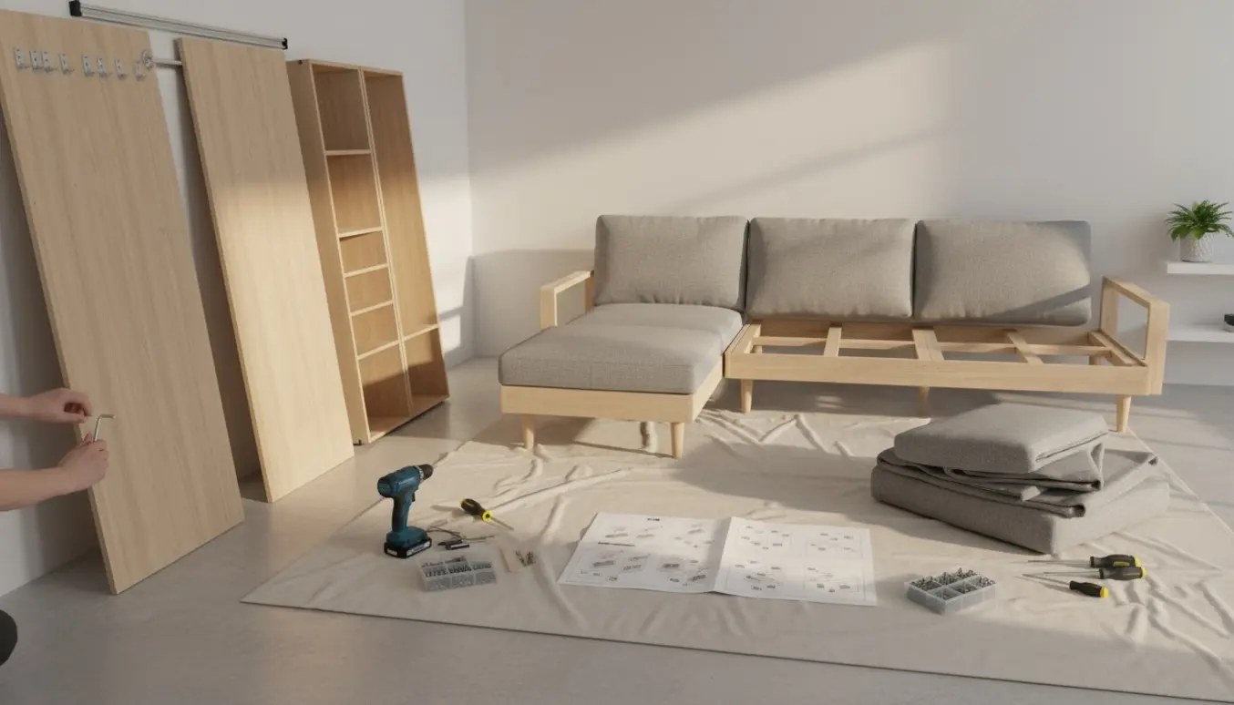 Delvist samlet IKEA PAX-garderobe og 2,5 x 2,5 m IKEA-hjørnesofa i et lyst rum med værktøj og møbeldele klar til montering.