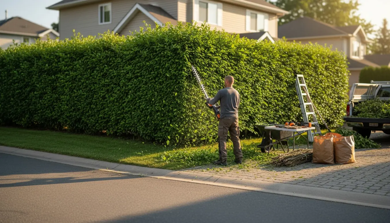 Professionel klipning af hæk omkring et hus med trillebør og opsamlede afklip klar til bortskaffelse.