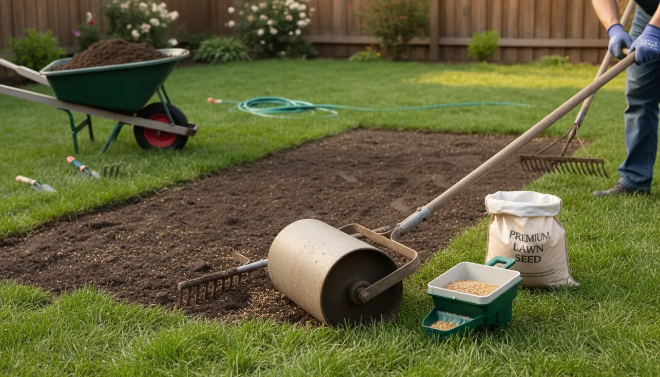 Tromling og såning af et nyt plæneareal ved siden af en eksisterende græsplæne.