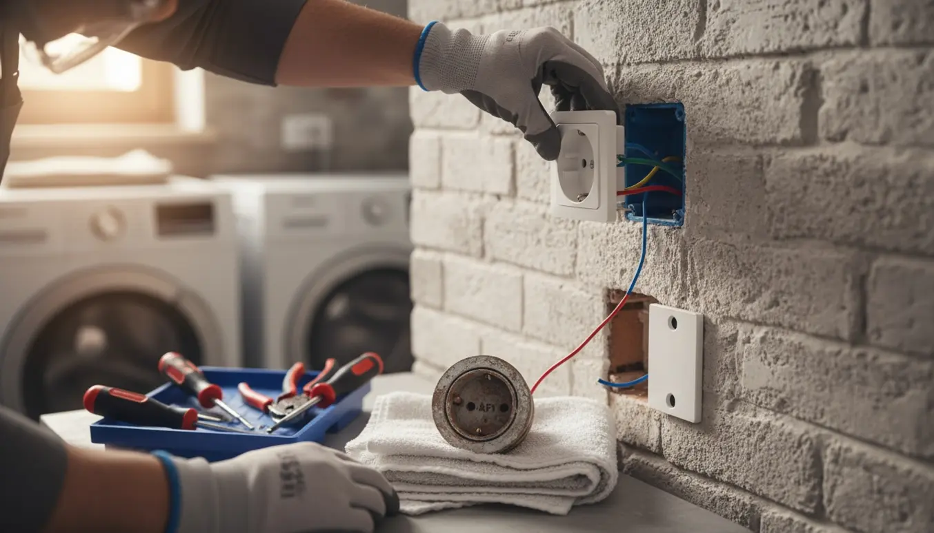 Elektriker monterer dobbelt Schuko-stik i et badeværelse på en pudset murstensvæg, med værktøj og blænddæksel klar.