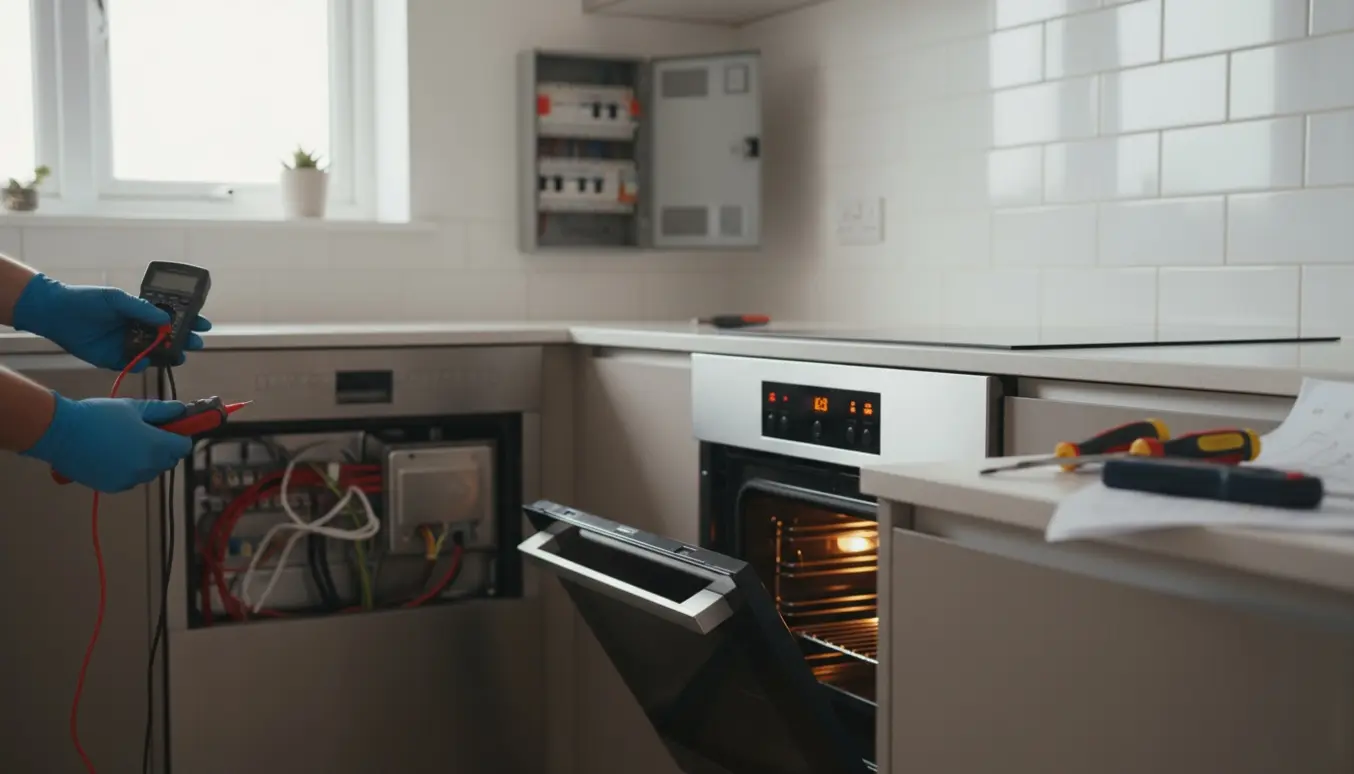 Hænder med multimeter og værktøj undersøger ledninger til ovn og opvaskemaskine i et køkken.