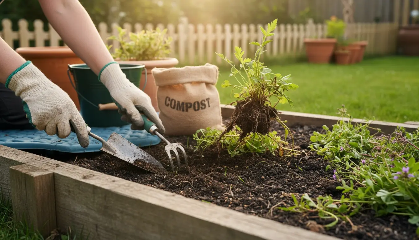 Nærbillede af hænder, der fjerner ukrudt fra et lille havebed med håndredskaber.