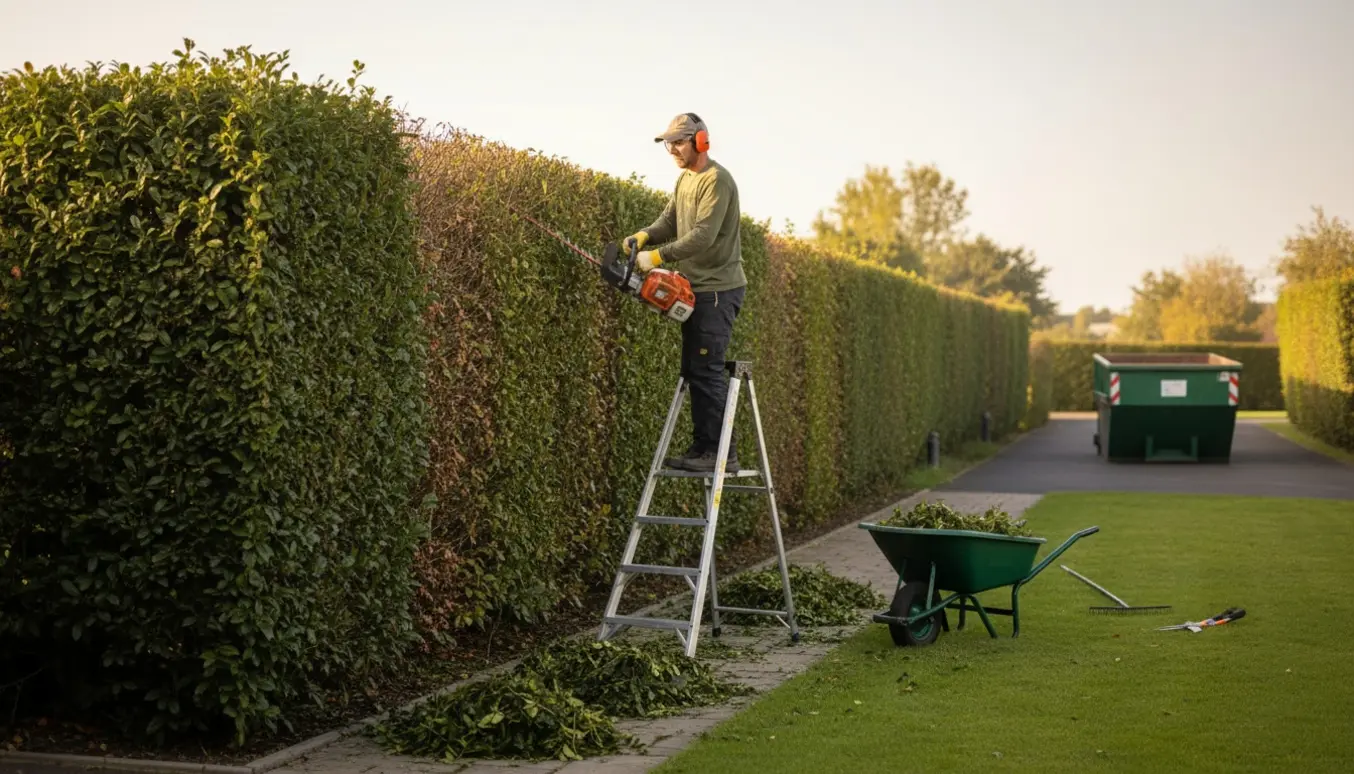 Lang hæk ved klipning set bagfra med en håndværker på stige, bunker af afklip og en container i baggrunden.