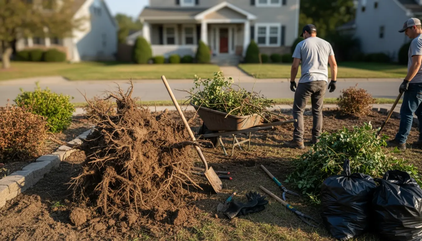 Rydning af forhave med opgravede buske, rødder og værktøj klar til bortkørsel.