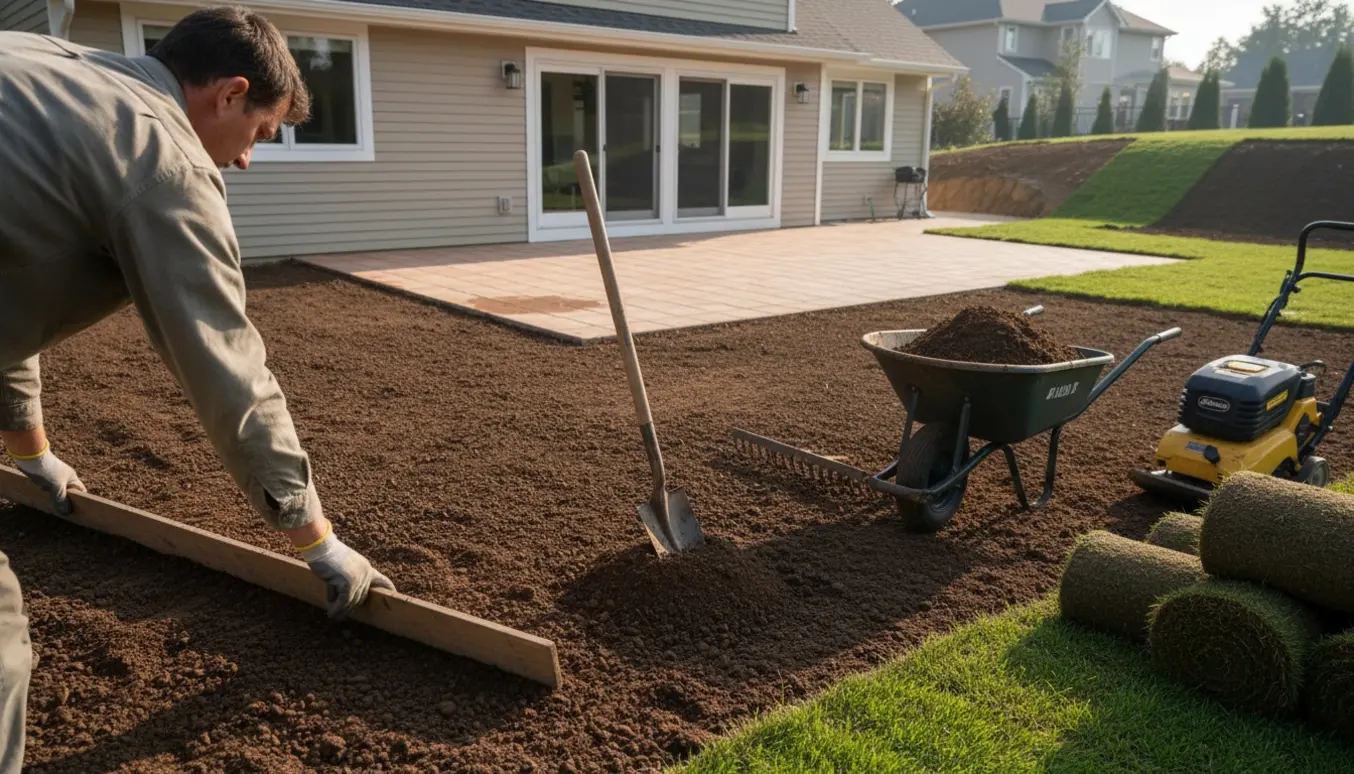 En havearbejder retter en græsplæne med rive og topjord foran en terrasse, mens en stor skråning i baggrunden jævnes.
