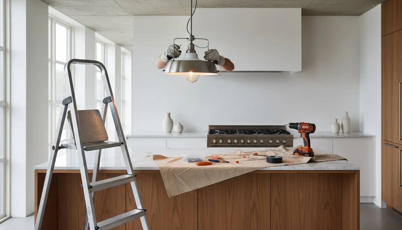 Loftslampe er ved at blive monteret over en kogeø i et moderne køkken med stige og værktøj på øen.