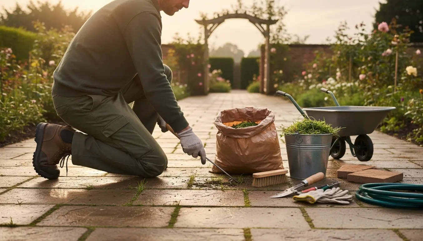 Handskerede hænder fjerner små græstotter og ukrudt mellem terrassefliser og lægger dem i en haveaffaldspose.