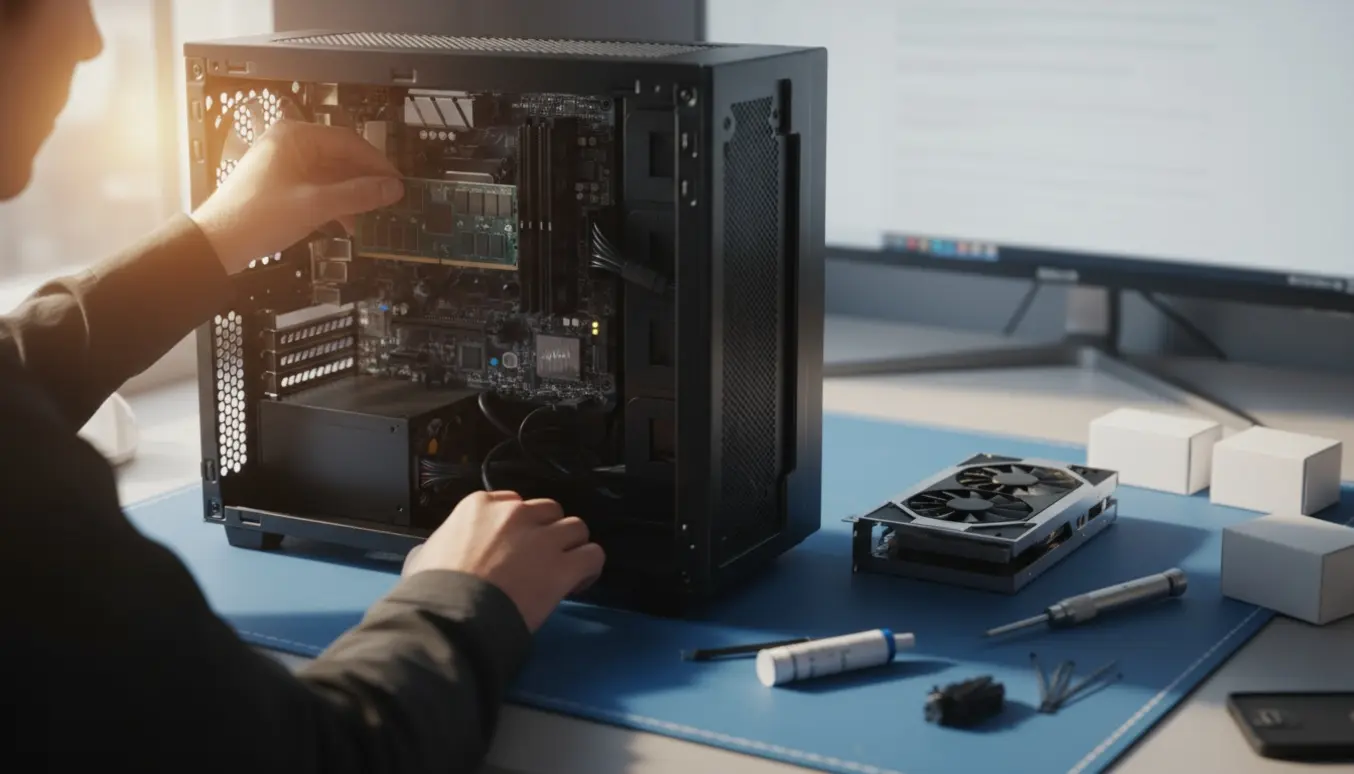 Nærbillede af hænder, der samler og tester en stationær computer på et ryddeligt skrivebord.