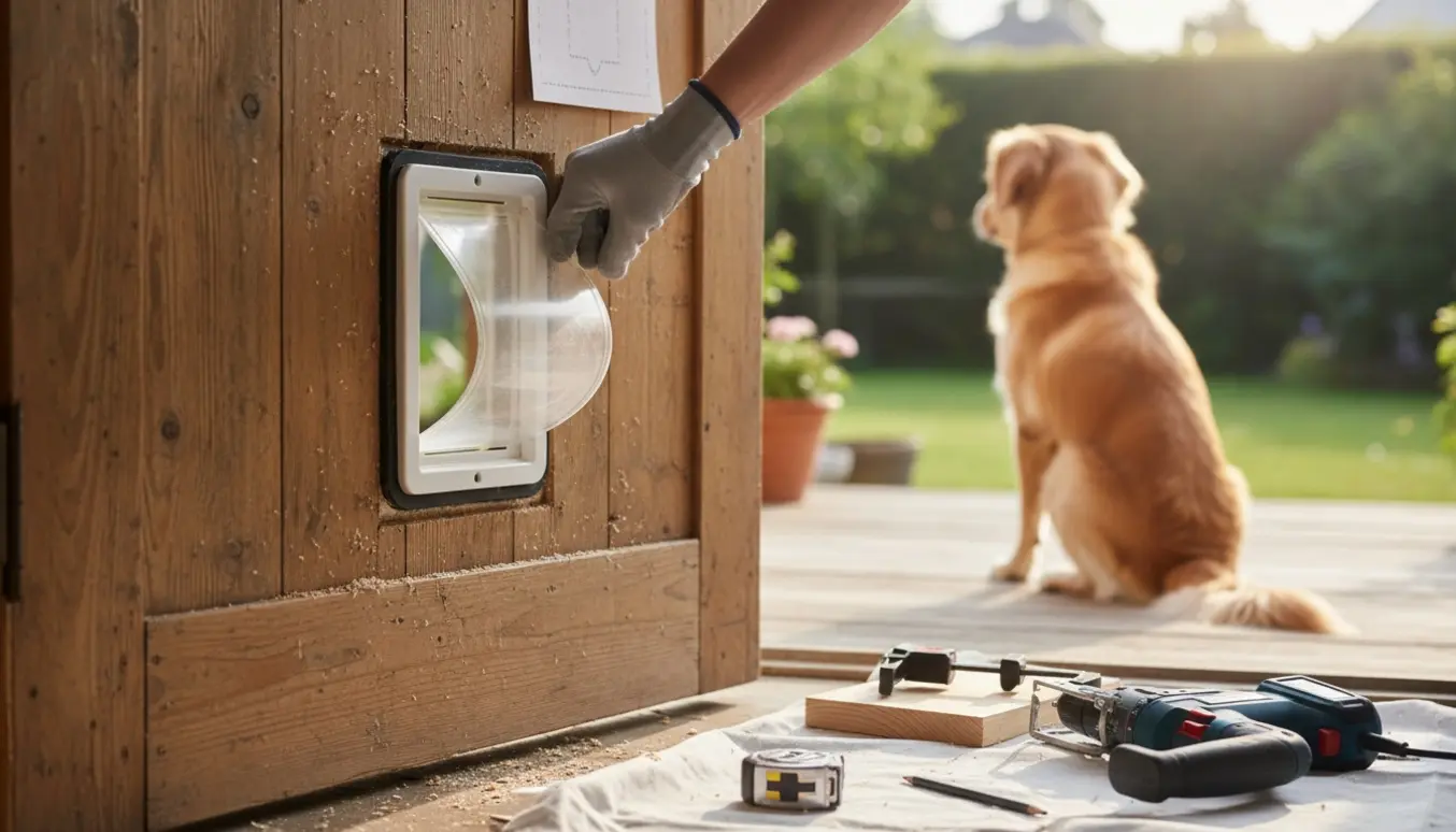 Nærbillede af installation af en hundeluke i en trædør med værktøj og træspåner i sollys.