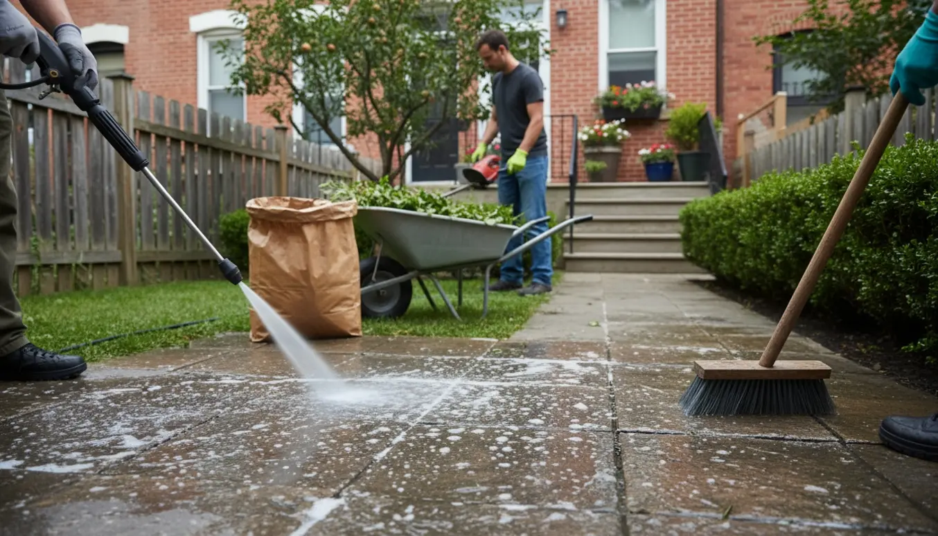 Rengøring af terrassefliser med højtryksrenser, samtidig med hækkeklipning og beskæring af et træ i en lille rækkehushave.