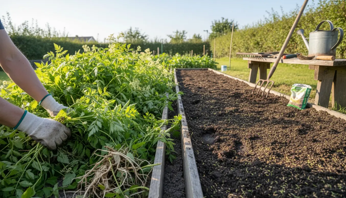 To lange havebede hvor hænder fjerner skvalderkål og forbereder blød jord til græsning.