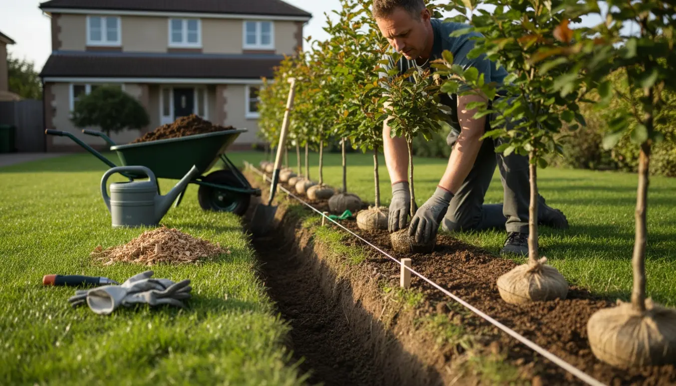 En anlægsgartner planter en bøgehæk i en forhave med trillebør, skovl og rækker af nyplantede bøgespirer.