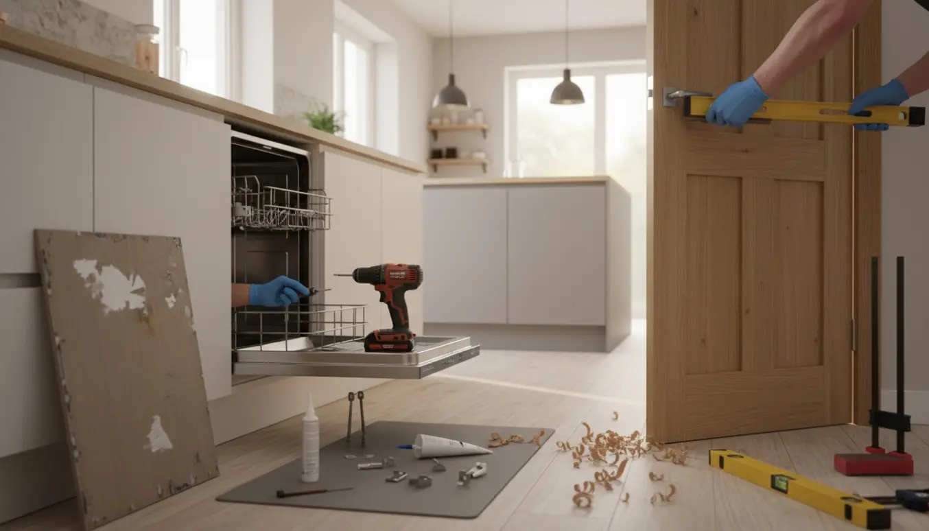 Reparation af aftrukket køkkensokkel ved opvaskemaskine og høvling af en skæv trådør med værktøj i et lyst køkken.
