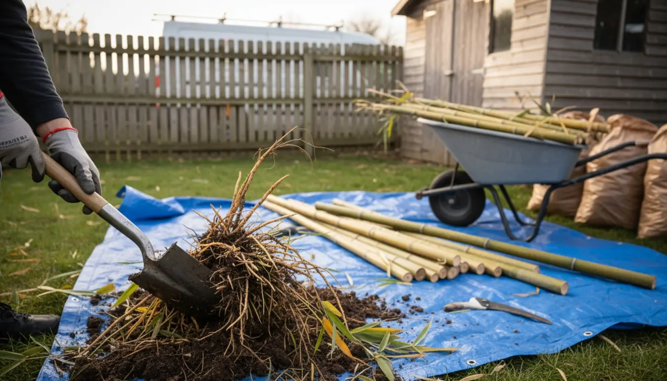 Handskerede hænder graver og fjerner bambusrødder i en baghave med stabler af skåret bambus i baggrunden.