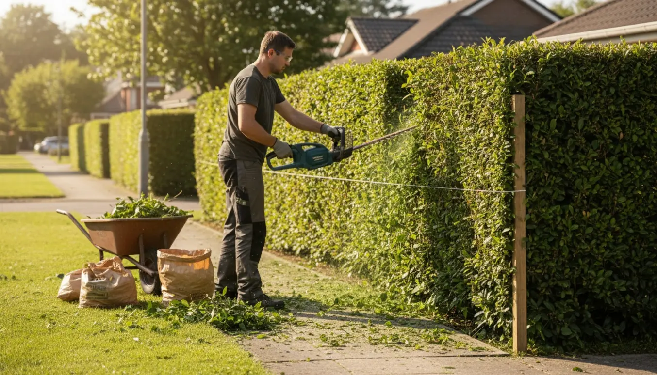 Person klipper den udvendige side af en hæk ved et hjørne med afklip samlet i en trillebør.