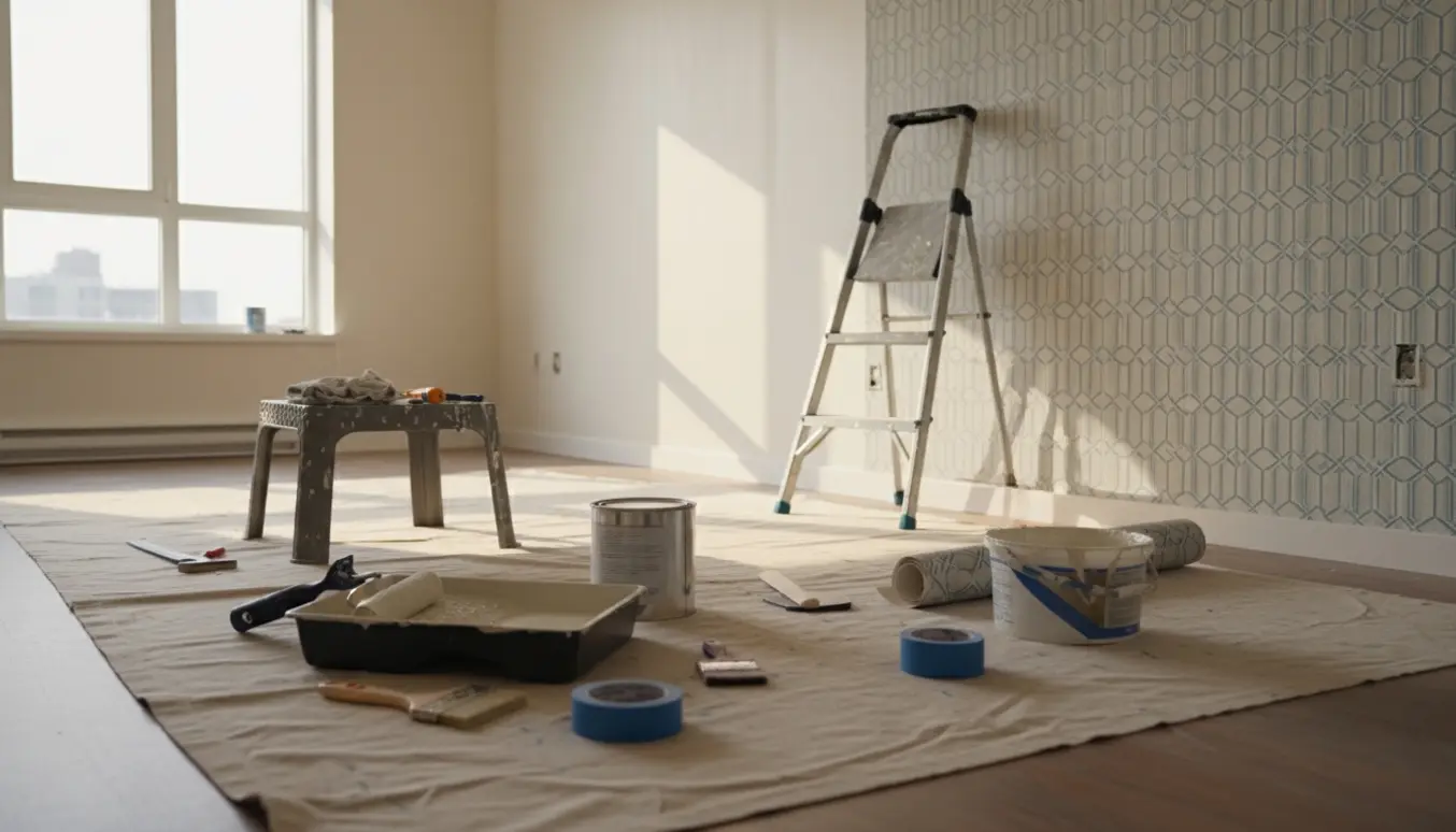 Halvt malet væg og delvist opsat mønstret tapet i en tom lejlighed med malerredskaber i forgrunden.