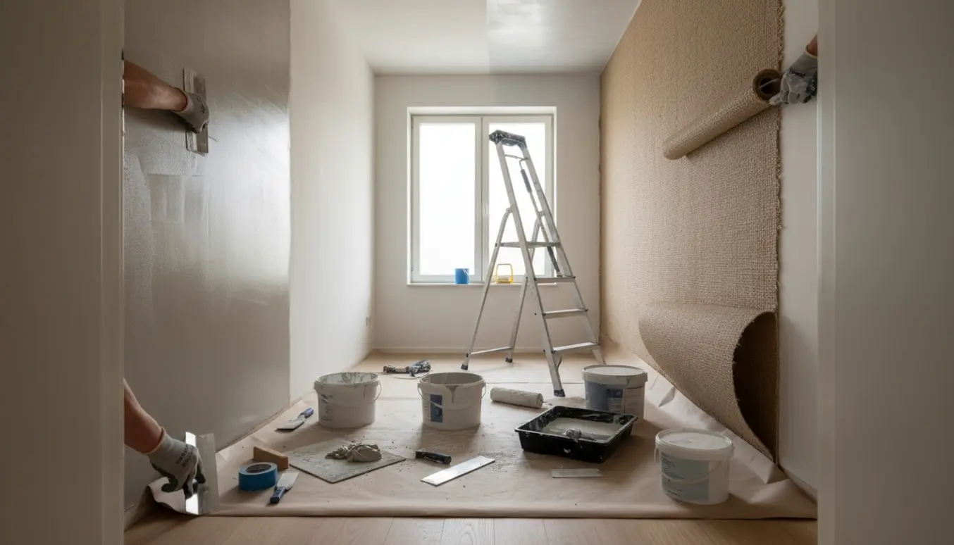 Lille værelse under renovering med fuldspartling, opsætning af filt og maling af loft, værktøj og rulle på beskyttelsesunderlag.