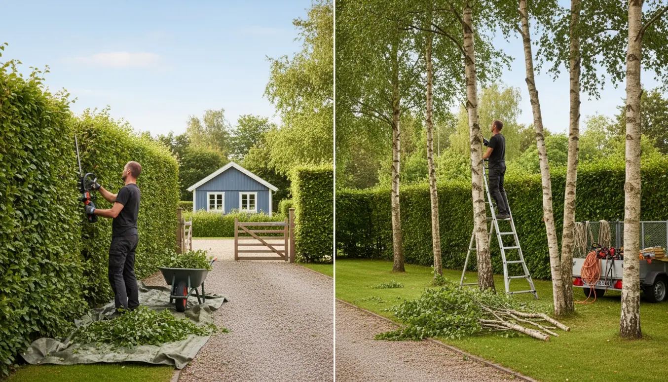 To gartnere trimmer en tæt hæk og beskærer birketræernes kroner ved et sommerhus på en solrig dag.