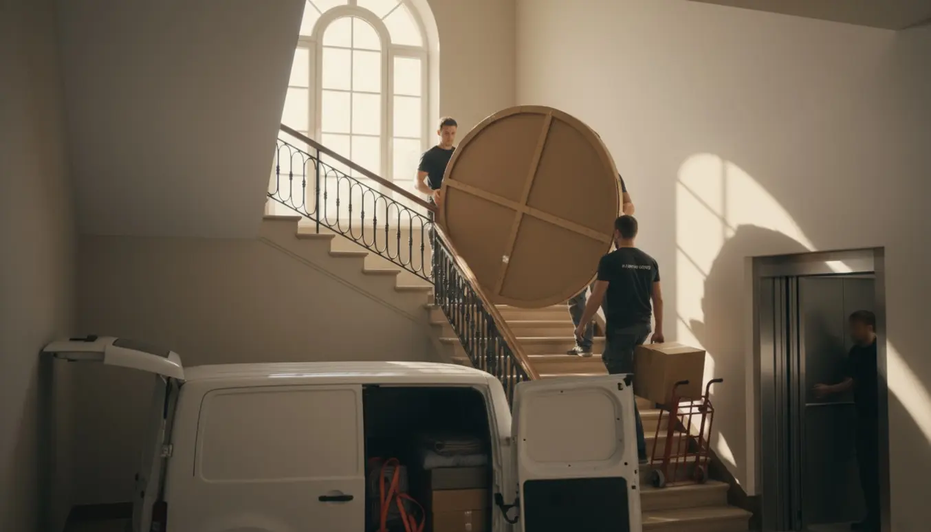 Flyttefolk bærer en stor rund bordkasse op ad en bred trappe, mens en mindre kasse er på sækkevogn i elevatoren.