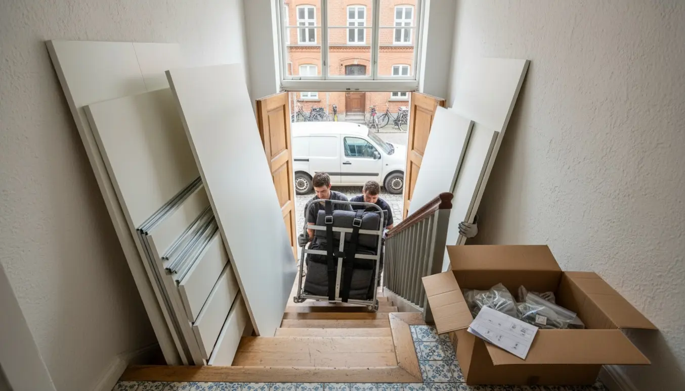 Opdelte PAX-skabspaneler bæres op ad en solbeskinnet trappe i Nørrebro med flyttekærre og åben varevogn.