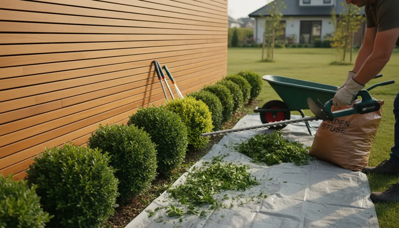 Person klipper lav, enkeltstående hæk ved nabogrænsen med grene samlet i en sæk.