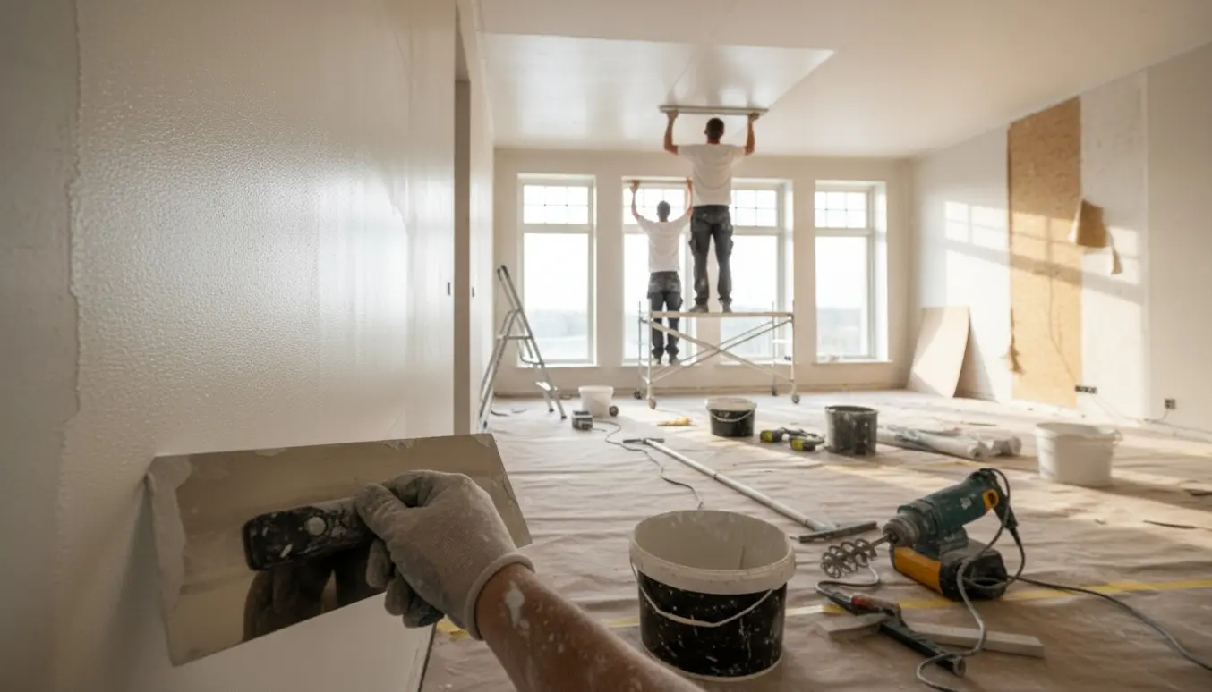 En tom bolig under renovering, hvor håndværker glatter vægge og monterer glasfilt i loftet med værktøj og afdækket gulv.