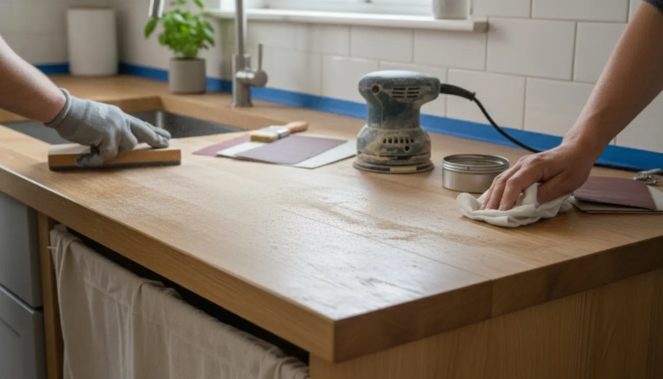 Bordplade under slibning med synlig overgang, slibeværktøj og efterbehandlingsmaterialer.