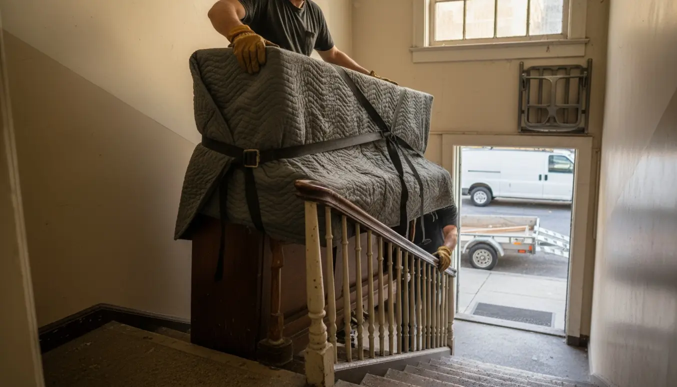 Et gammelt opretstående klaver bæres ned ad trappeopgangen mod en varevogn på gaden.