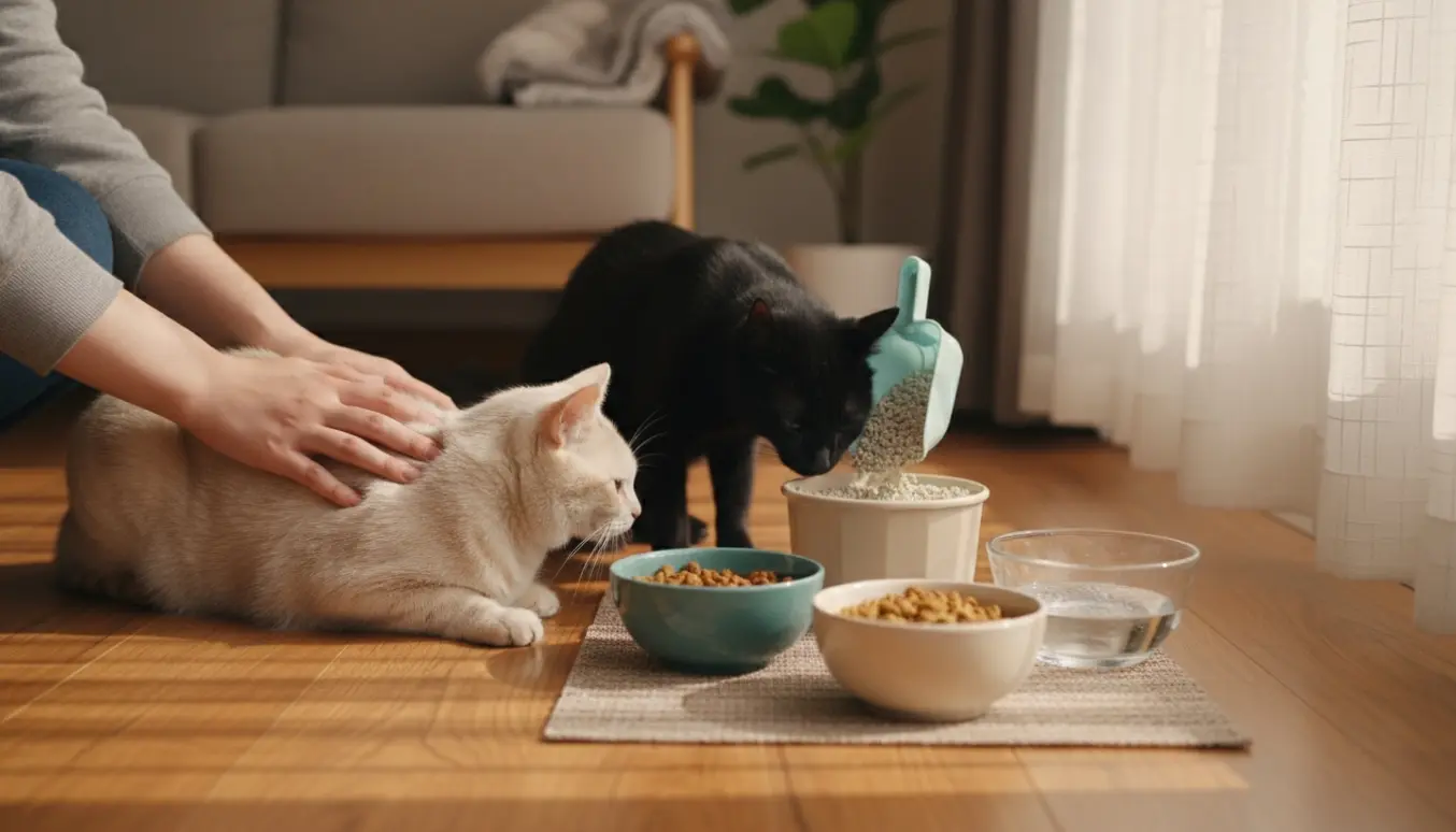 Hænder renser kattebakke og serverer vådfoder, tørfoder og vand til to katte i et solrigt hjem.