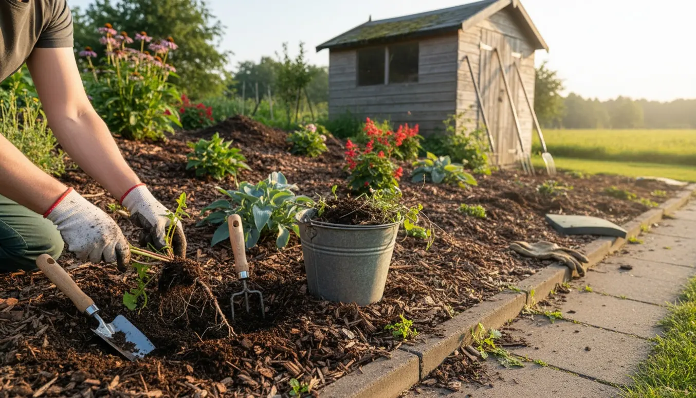 Nærbillede af hænder og haveredskaber, mens et skråbed ved fortovet og et lille skur luges for ukrudt.