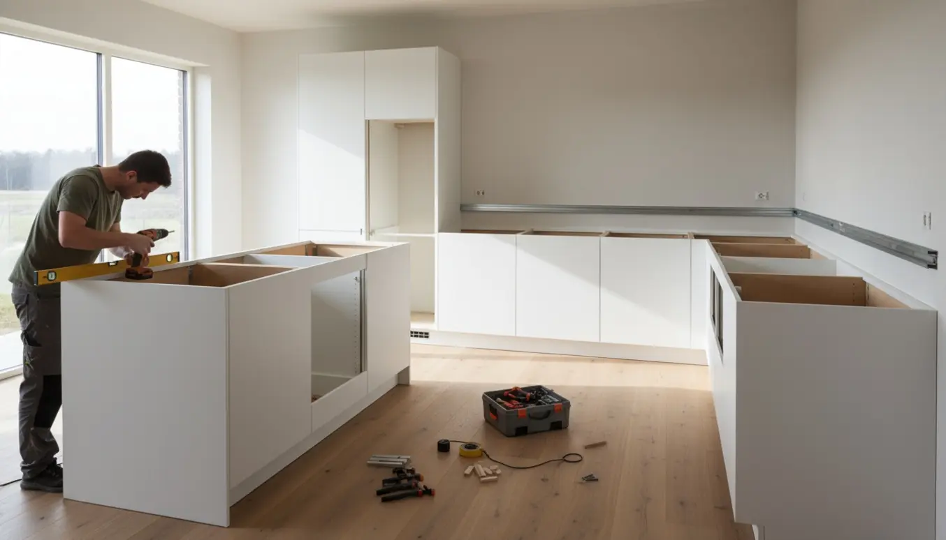 Montage af køkkenmoduler langs væg og på køkkenø uden bordplade, håndværker med værktøj synlig men ikke ansigtet.