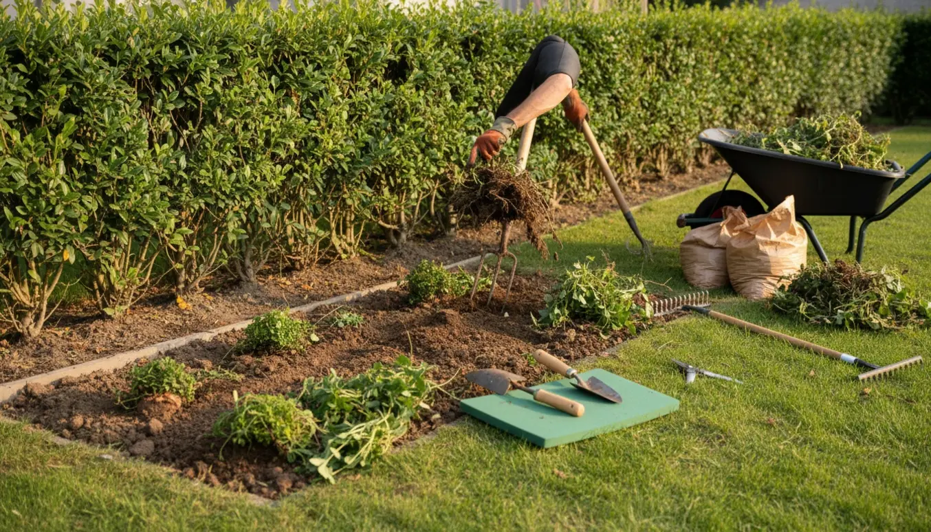 Et lille bed graves og renses for ukrudt med handske‑klædte hænder, værktøj og sække klar ved en ligusterhæk.