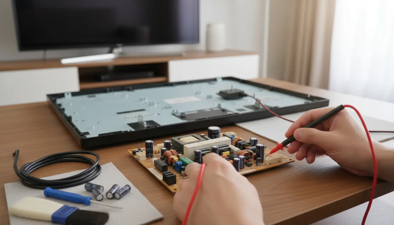 Nærbillede af hænder, der måler på fjernsynets strømforsyningskort med multimeter i en oplyst stue.