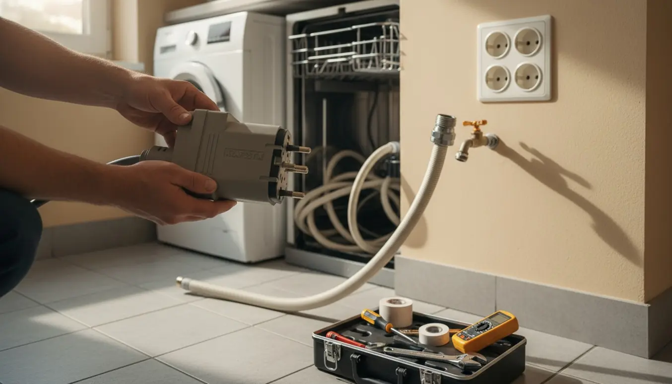 Hænder holder et kraftstik og en for stor slangeforbindelse foran en vaskemaskine og opvaskemaskine i et lyst bryggers.