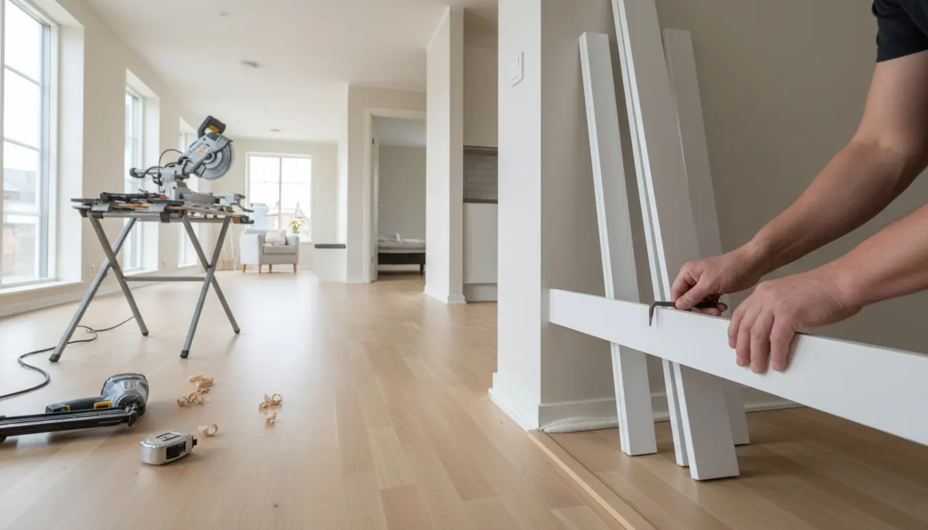 Tømrerens hænder monterer en fodliste i et lyst, tomt hjem med værktøj og gerigter klar ved siden af.