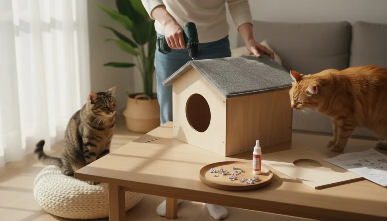 Hænder samler et træ-kattehus ved et solbelyst bord, mens to nysgerrige katte kigger på.