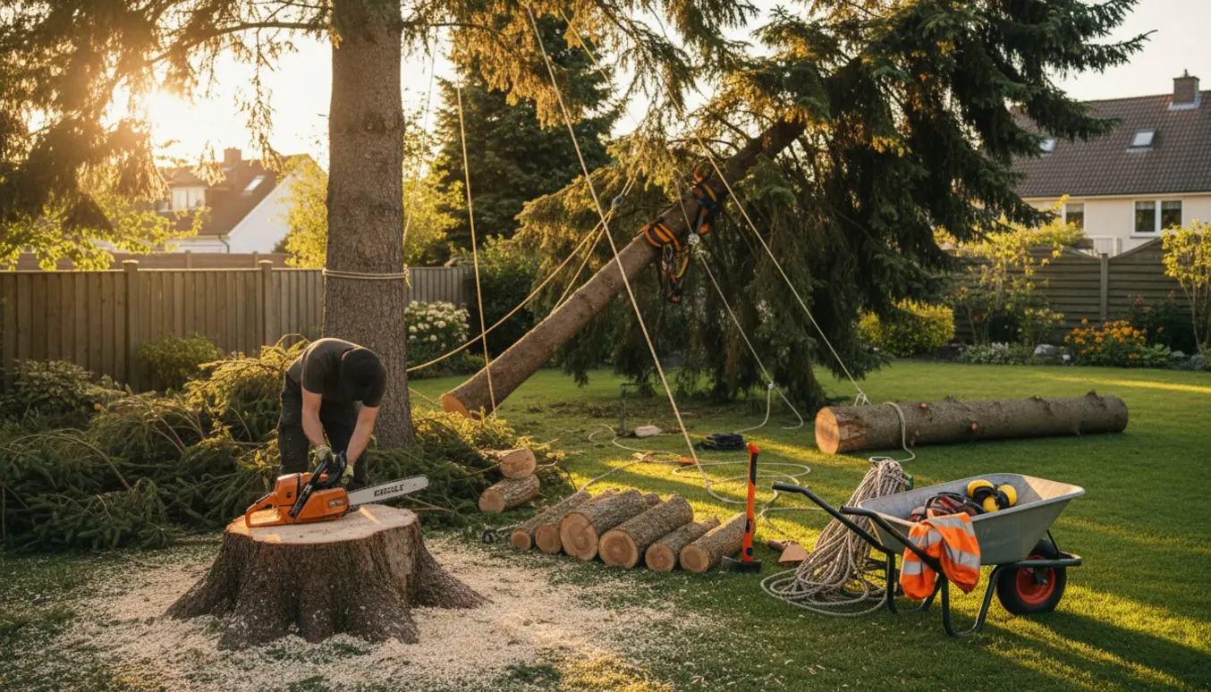 To grantræer fældes i en have med afsavede stammer, savflis og fældeudstyr, uden synlige ansigter.