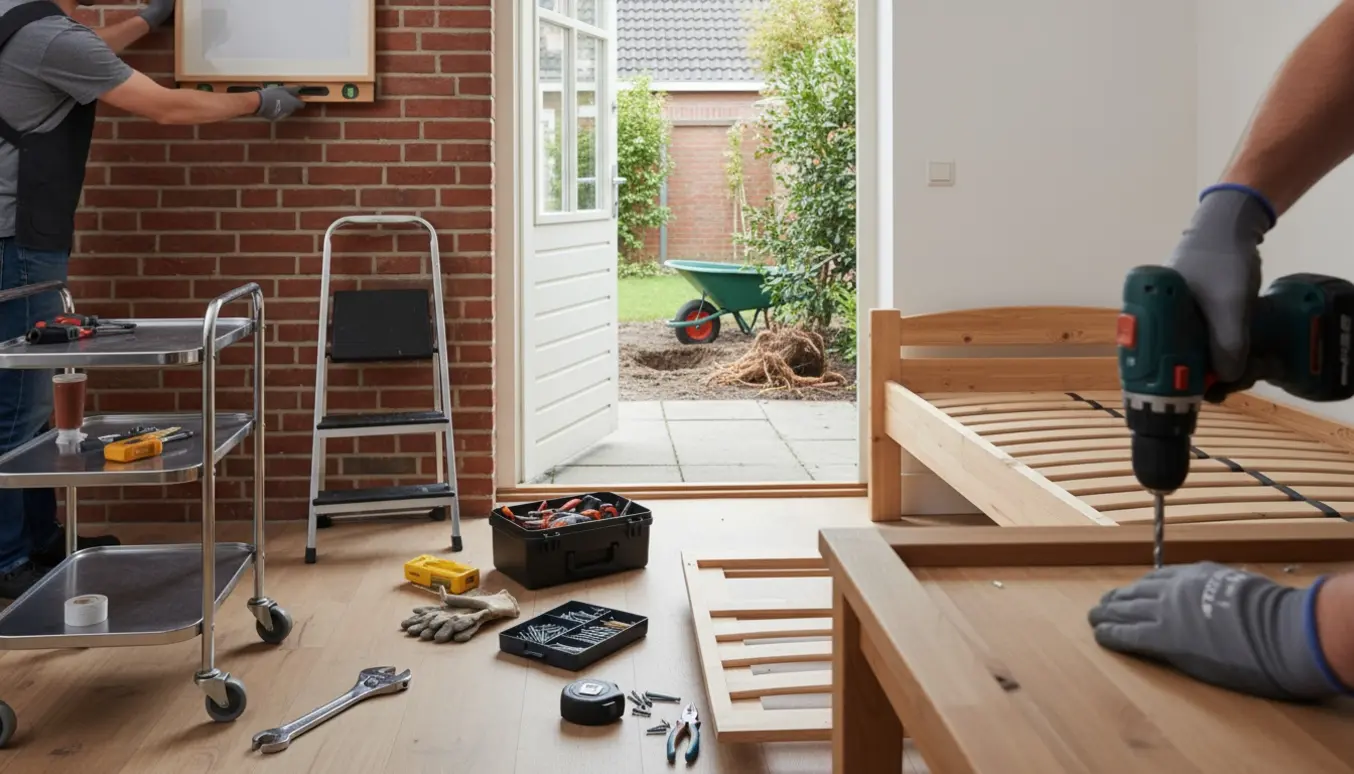 Hænder udfører små håndværkeropgaver indendørs med en fjernet rosenbusk og liguster i den lille have.